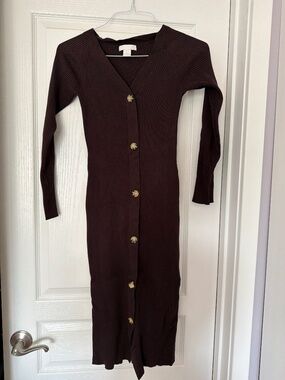 H&M Ribbed Midi Dress | Size S | Brown | Button Front | Fitted | Stretchy